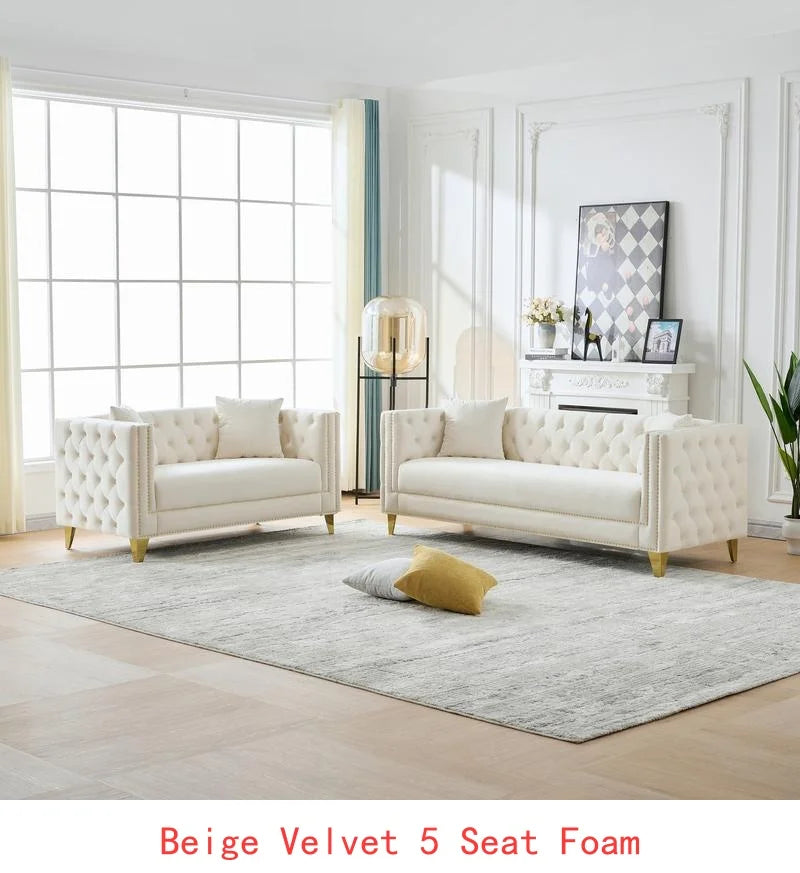 Modern Velvet 3-Seater Sofa with Deep Seat, Button Nailhead Design, Square Arm Couch for Living Room, Bedroom, Office, Beige