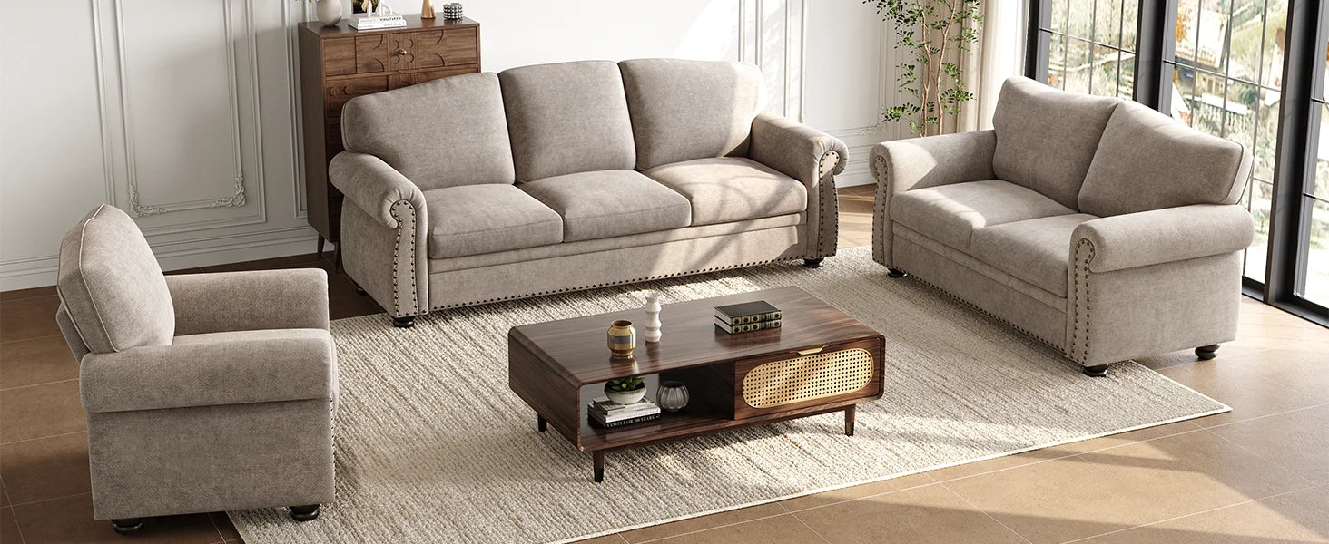 90 Inch Nailhead Trim Couch for Living Room, 23 Inch Deep Seat Rolled Arm Sofa, Comfy Upholstered 3 Seater Chenille Couch w/Wood