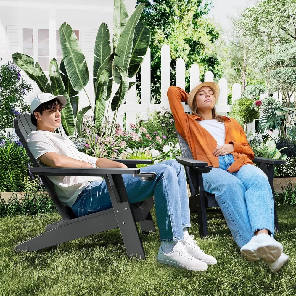 Set of 4 Weather-Resistant Plastic Adirondack Chairs with Cup Holders, HDPE Outdoor Furniture