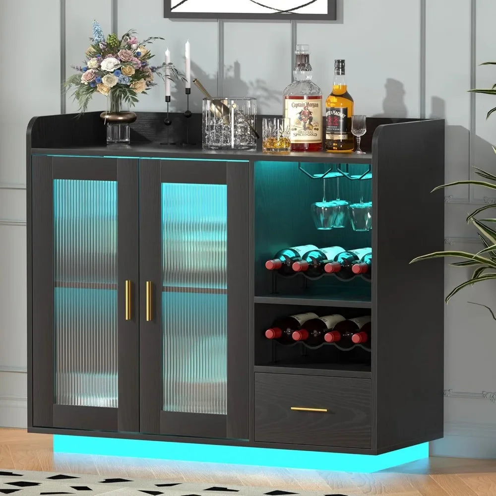 Wine Bar Cabinet with LED Light – Floating Coffee Cabinet with Wine & Glass Rack
