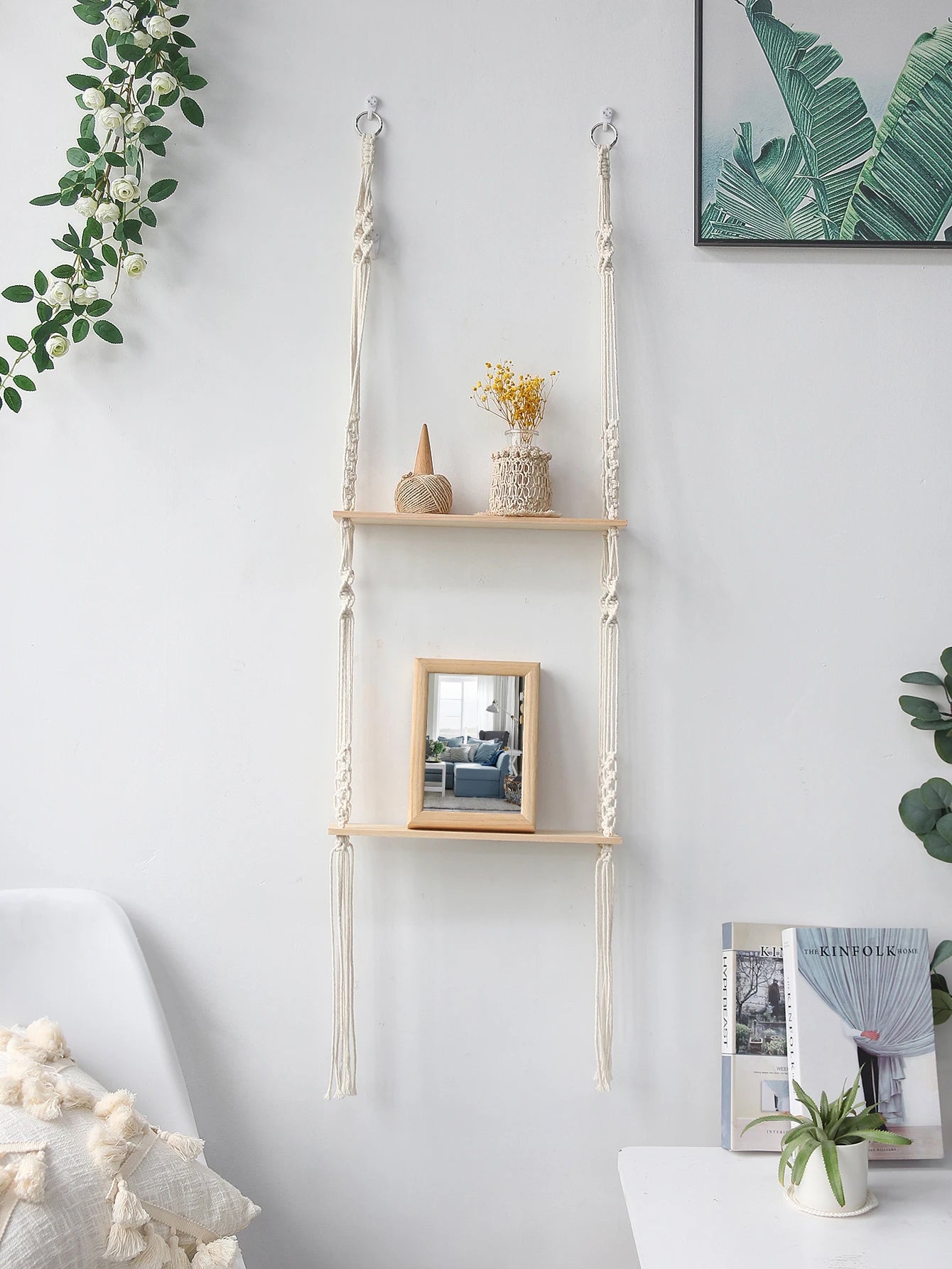 Wooden Wall Shelf Macrame Display Stand Boho Art Home Decoration Floating Shelf Nordic Wall Decor Living Room Nursery Aesthetics