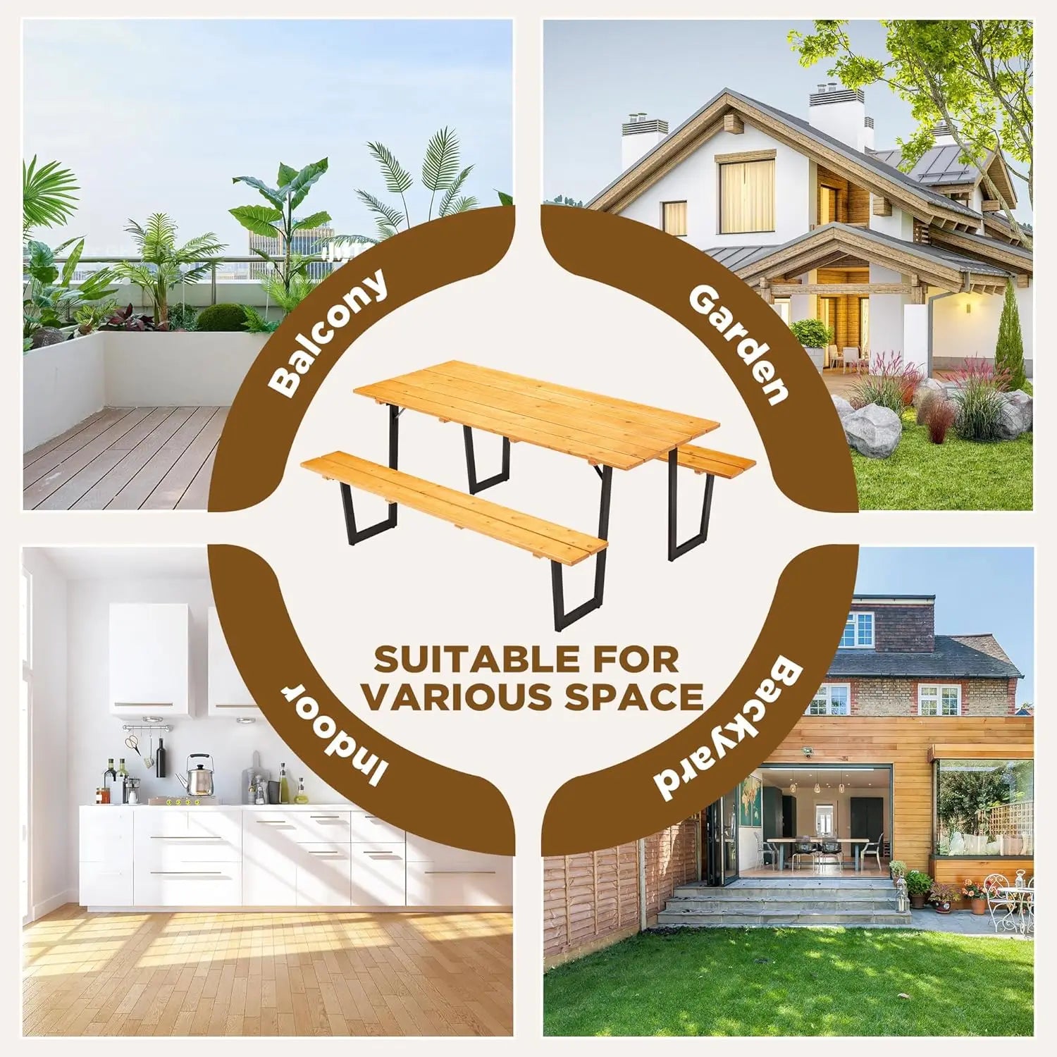 70" Wood Picnic Table for Outdoor, Rectangle Patio Dining Table and Bench Set, Heavy-Duty Picnic Beer Table Bench Set