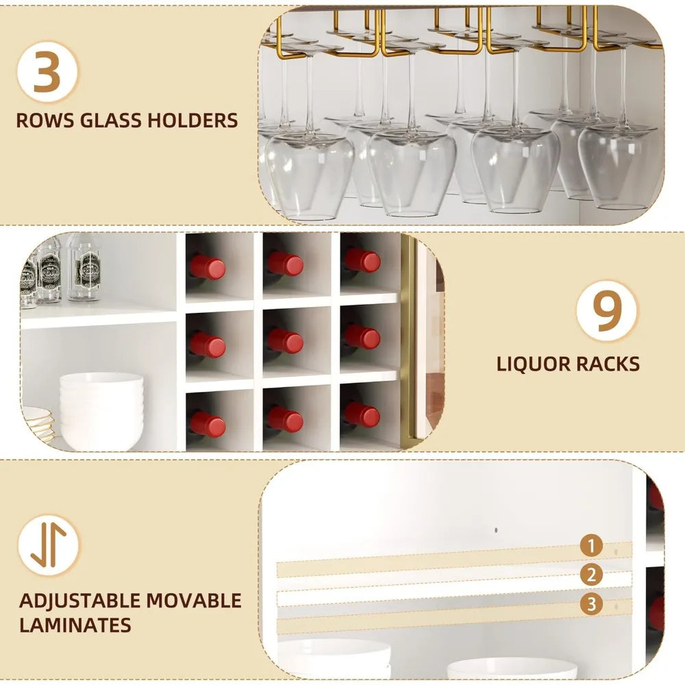 Modern White Coffee Bar Cabinet – Aluminum Frame Glass Door Wine & Liquor Sideboard