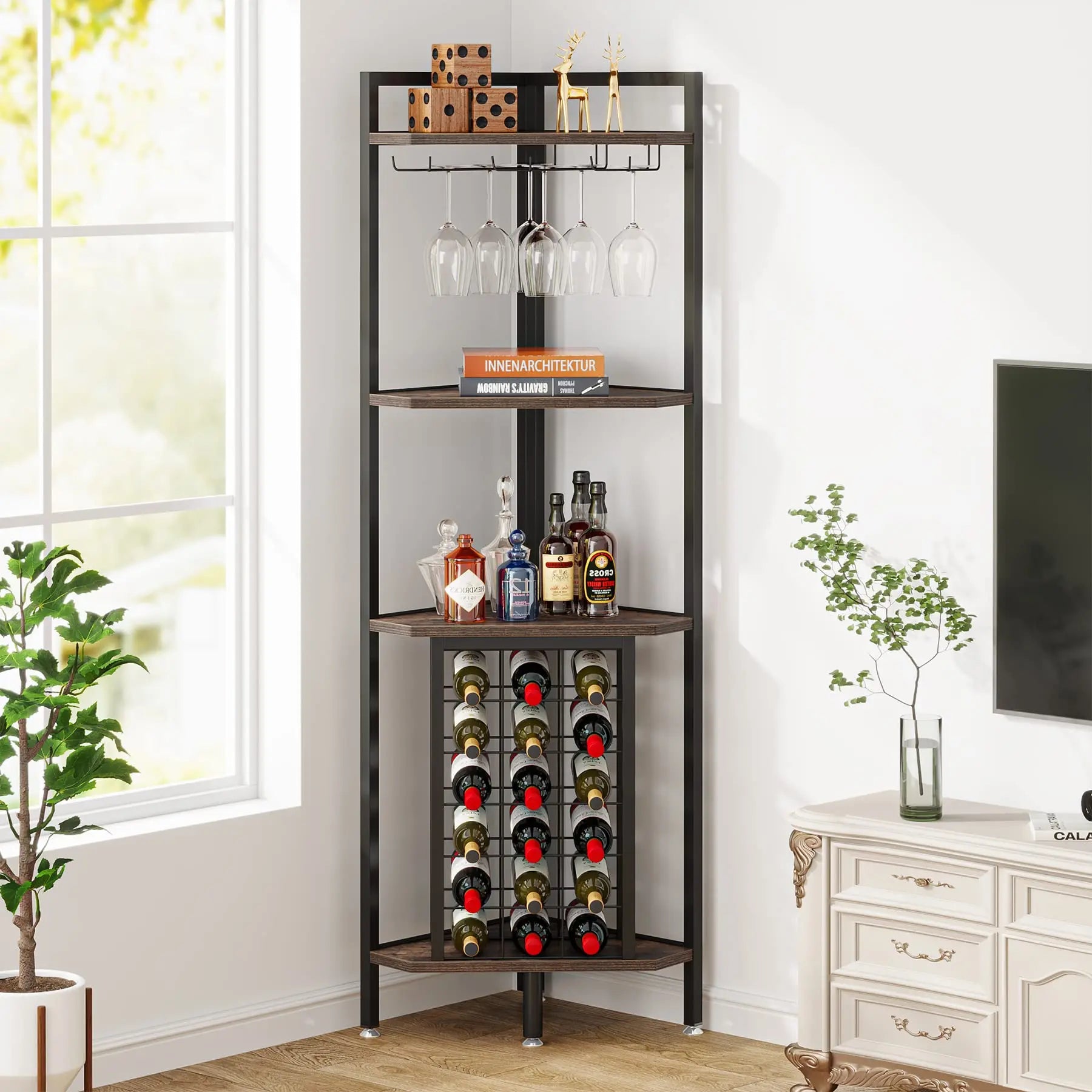 Tribesigns Wine Rack Bar Cabinet – 4-Tier Corner Shelf with Glass Holder