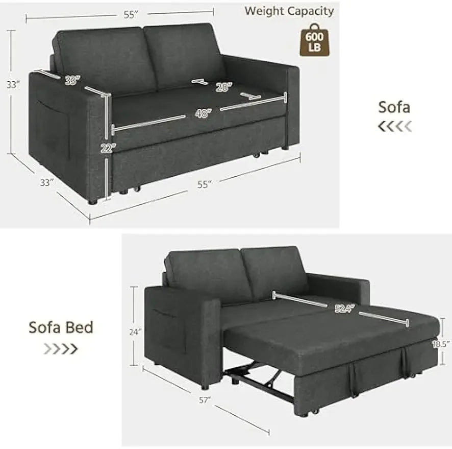 Pull-Out Trundle Bed Sleeper Sofa Convertible Couch for LimitedLiving Room Bedroom Guest Room Dark Gray 55.5 in