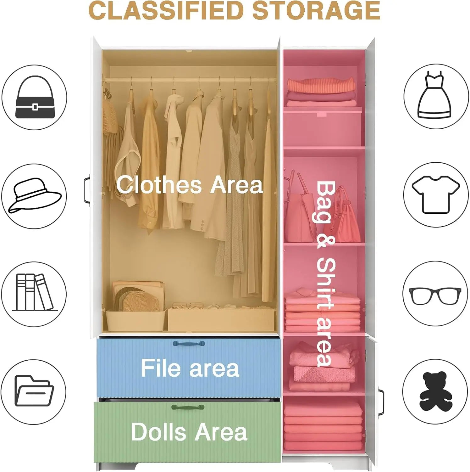 3 Doors Armoire Wardrobe Closet with Mirror Door,Fluted Black Storage Cabinet for Hanging Clothes,Bedroom Large Capacity Freesta