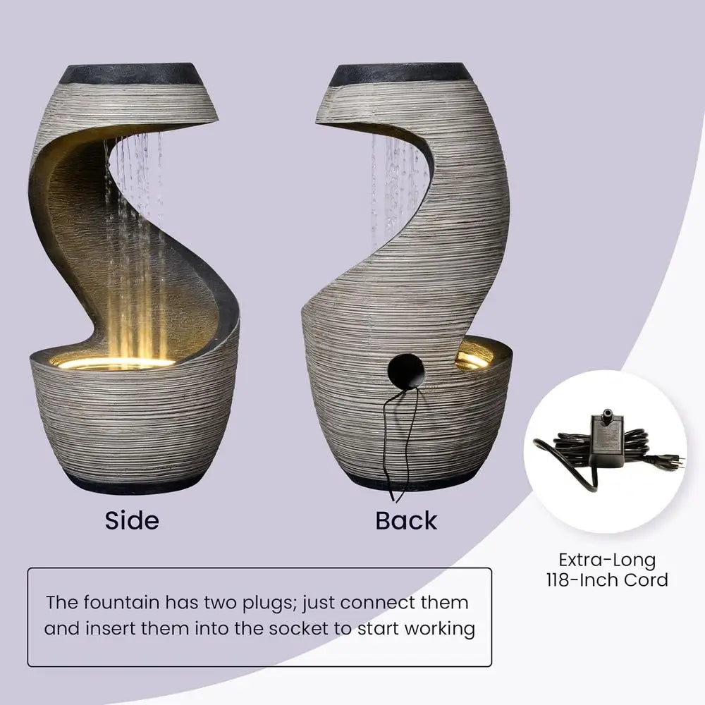 37 Tall S-Curve Rainfall Fountain with LED Light, Outdoor Garden Waterfall Feature for Patio and Yard