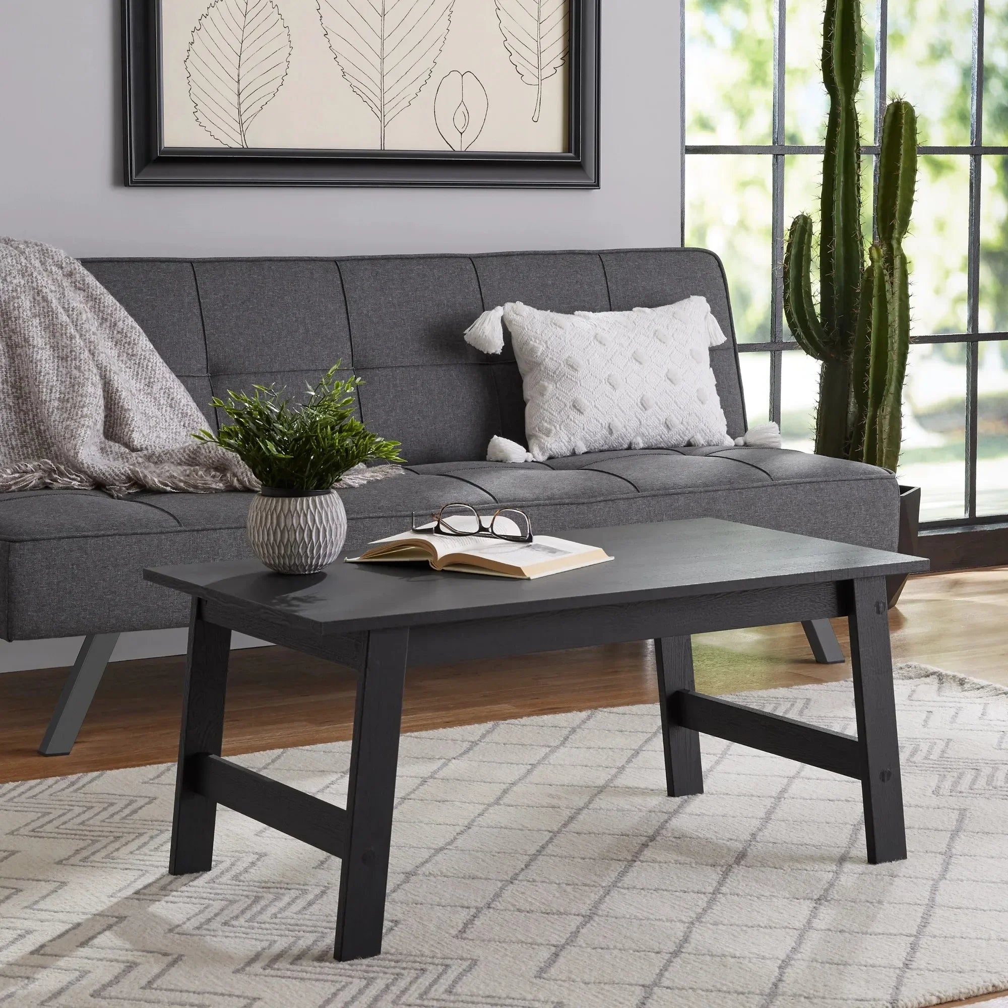 Modern Rectangular Black Wood Coffee Table – Sturdy Sofa Table for Living Room, Farmhouse & Apartment Décor