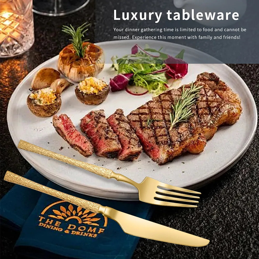 30pcs Hammer Pattern Small Waist Stainless Steel Steak Knife Fork and Spoon Creative Western Style Fork and Spoon Tableware Set