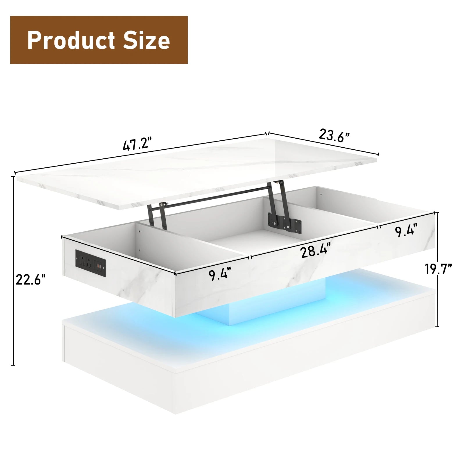 High-Gloss LED Coffee Table – White Center Table with Open Display Shelf & Large Storage