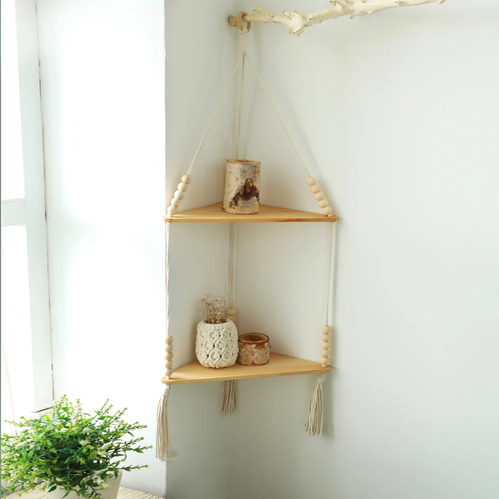 Macrame Hanging Shelf Wall Decor Handmade Rope Rustic Wood Floating Wall Shelf Display Stand Corner Wall Shelf For Photos Plant