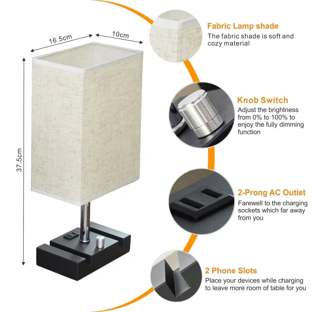 Fully Dimmable Bedside Lamps for Bedroom with Two Phone Stands,Wooden Desk Lamp for Table Living Room Reading Light Home Decor