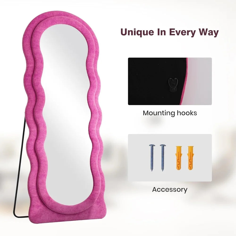 Arched Wavy Full Body Wall Mirror 63x24 Inches - Hot Pink Flannel Frame, Leaning or Hanging Wall Mount Option