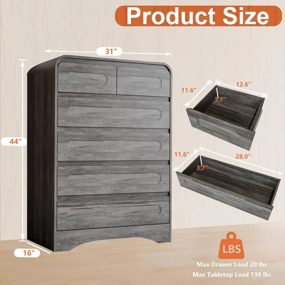 Grey Dresser for Bedroom with 6 Drawers, Tall Dressers & Chest of Drawers with Curved Profile Design, Farmhouse Wood Closet Clot