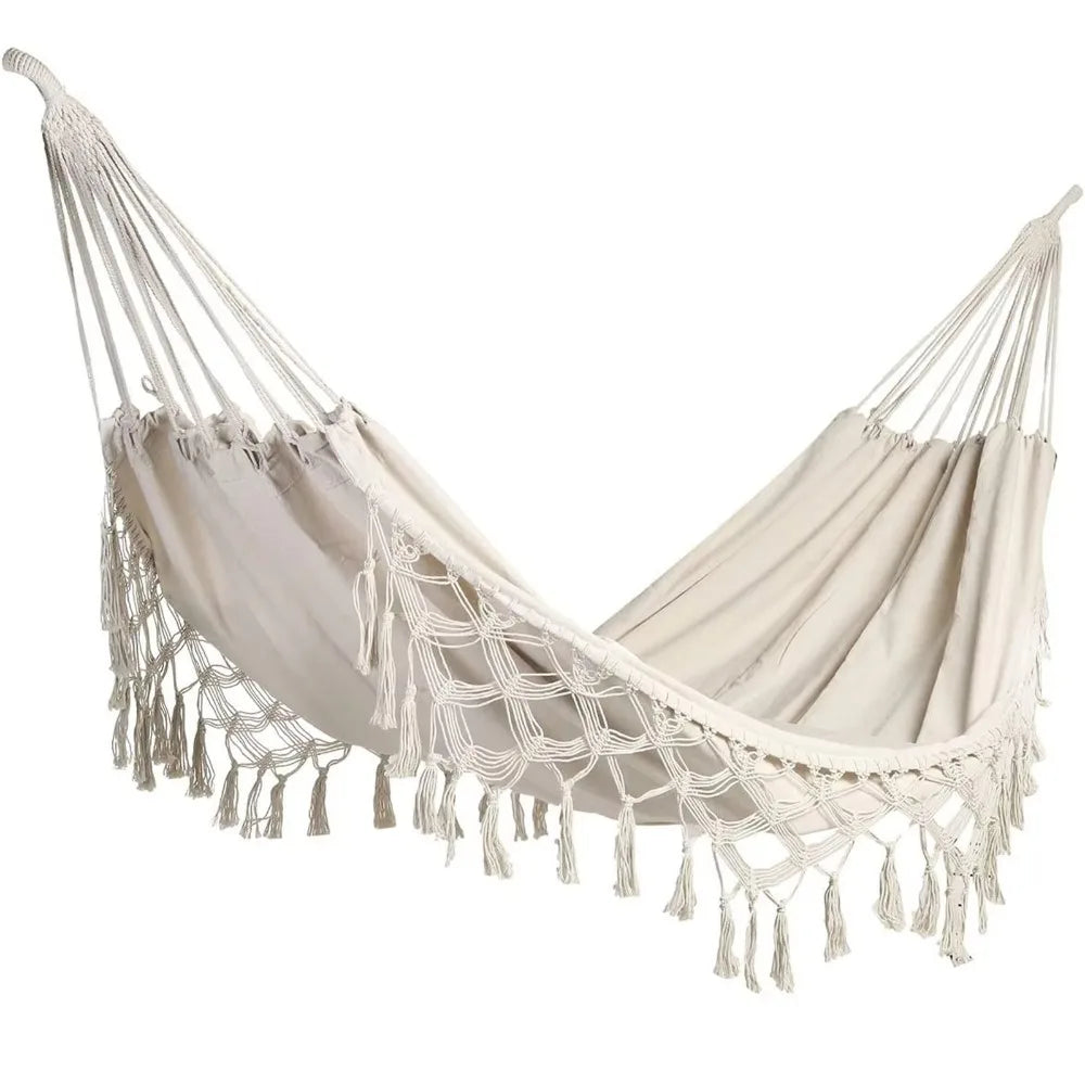 Large Double Deluxe Hammock with Woven Tassels Hanging Bed 2 Person Hammock Thickened Boho Style Canvas Swing Chair Home