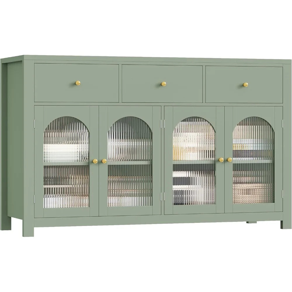 Buffet Cabinet with Storage, 55.1" Large Sideboard Buffet, Farmhouse Kitchen Cabinet with 3 Drawers and 4 Doors, Green