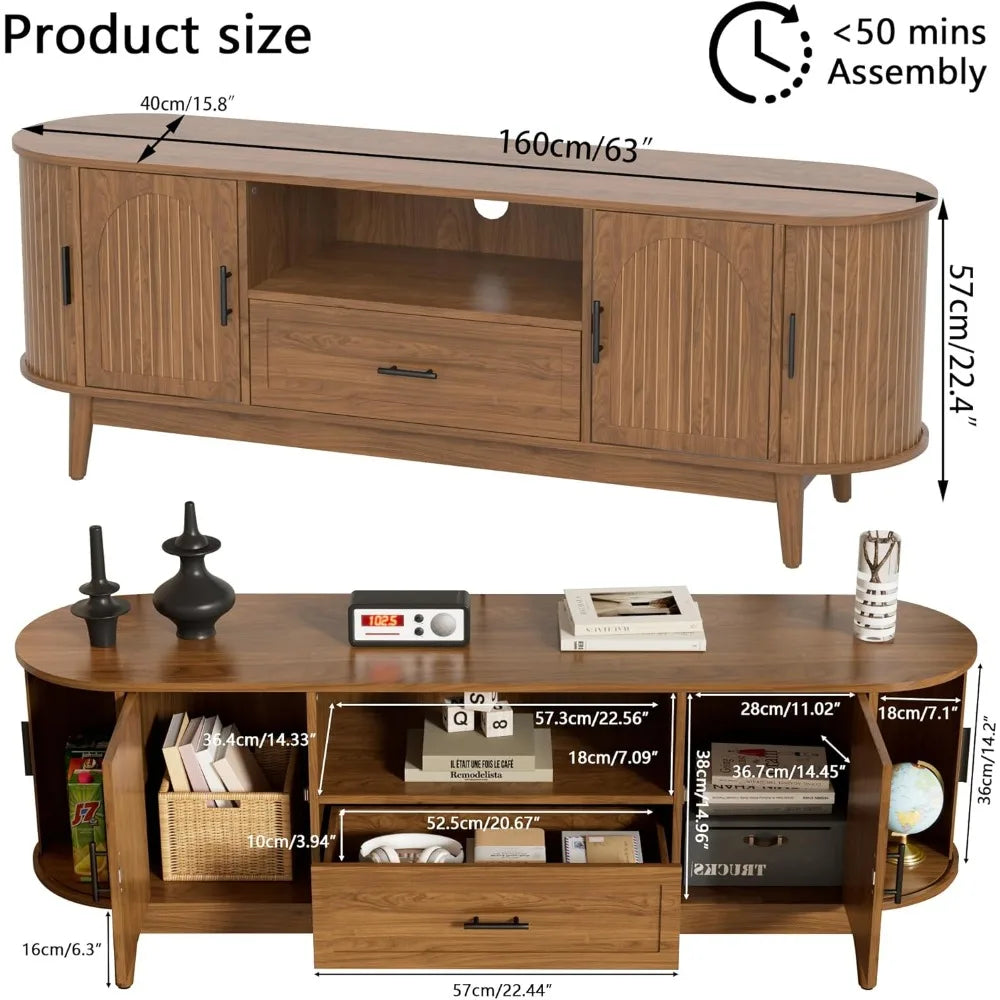 63" Fluted TV Stand for Tvs up to 70", Mid-Century Modern Entertainment Center with Drawers and Fluted Doors, Curved TV Media