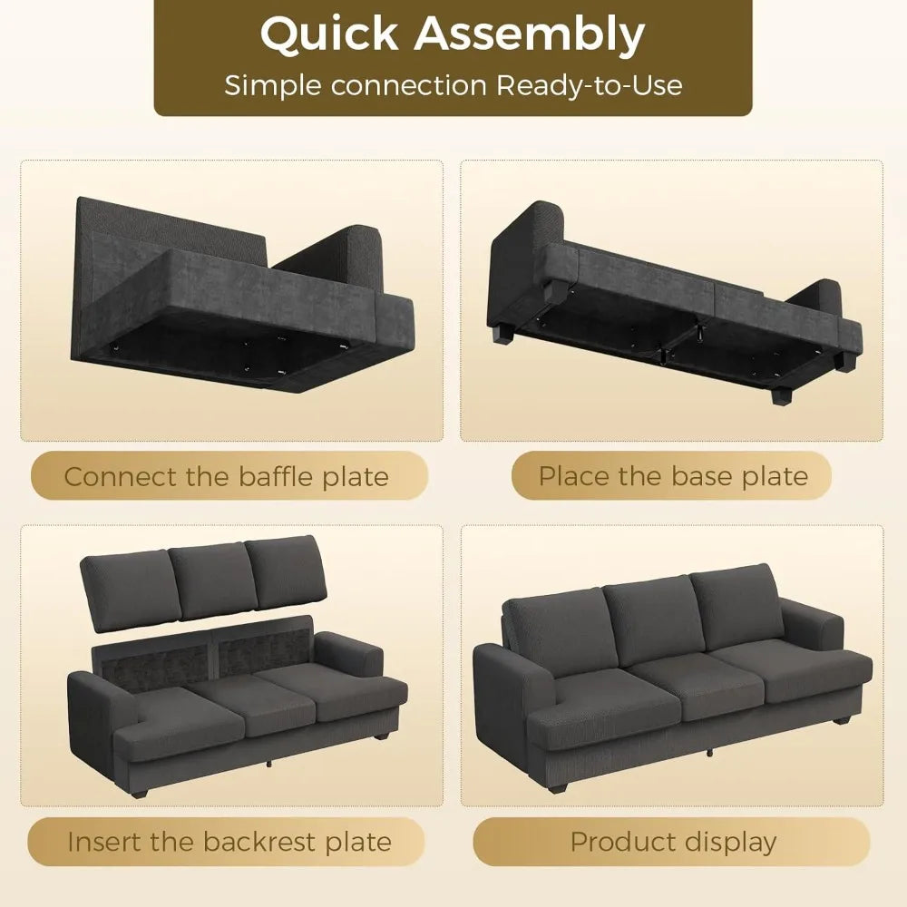 89" 3-Seater Cloud-Style Deep-Seat Sofa, Chenille Fabric, Wood Frame, Easy Assembly for Living Room