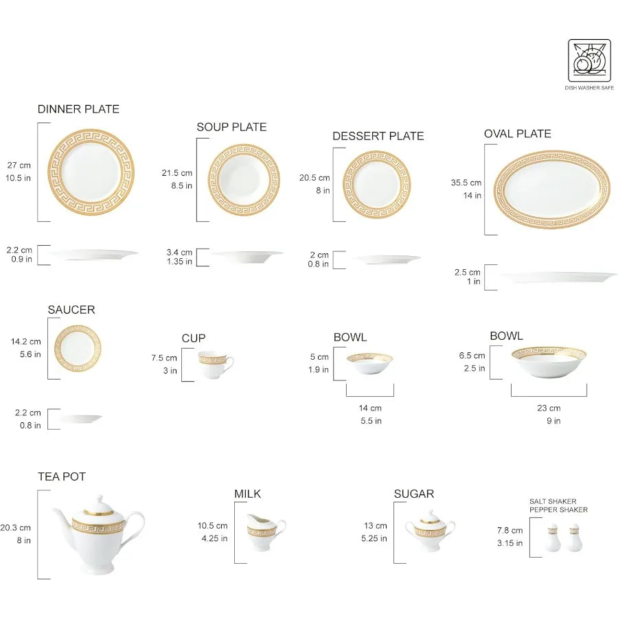 57Piece Bone China Dinnerware Set Service for 8 White and Golden Greek Key