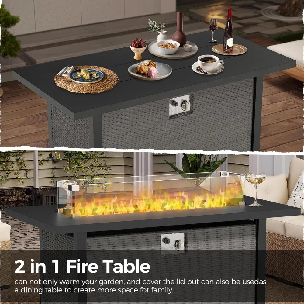 45 Outdoor Propane Gas Fire Pit Table, 50000 BTU Rectangle Rattan Propane Fire Table for Garden, Backyard, Deck Patio