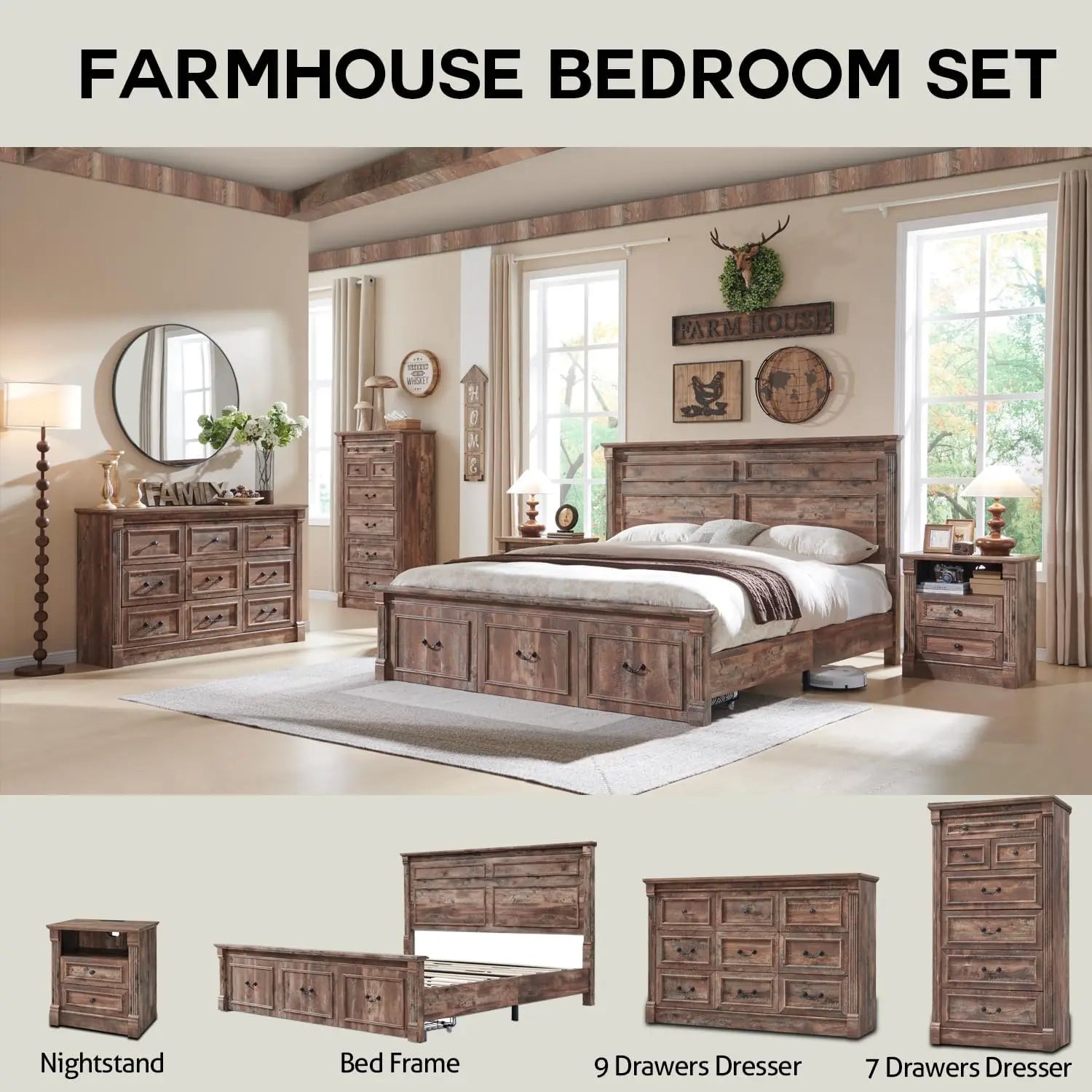 Farmhouse King Size Wood Bed Frame – 51″ Tall Headboard with Roman Column Footboard
