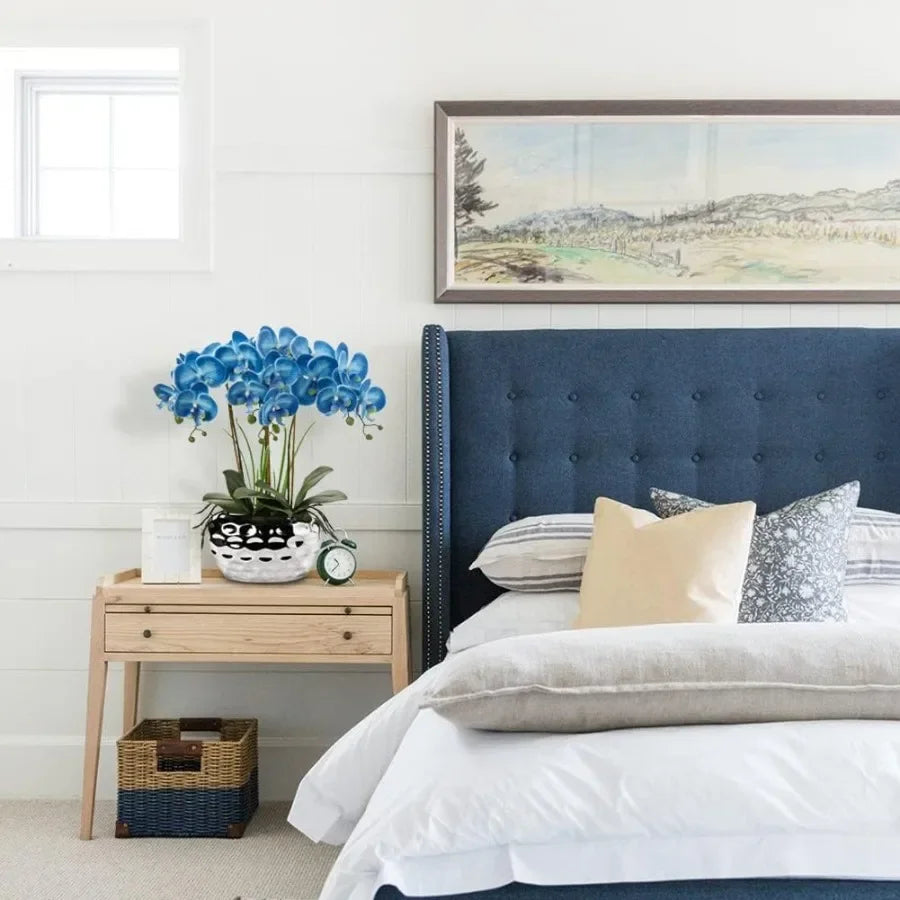 Artificial Blue Phalaenopsis Orchid Flowers 18 Large Fake Orchid with Silver Ceramic Pot for Home Office Bathroom Living Room T