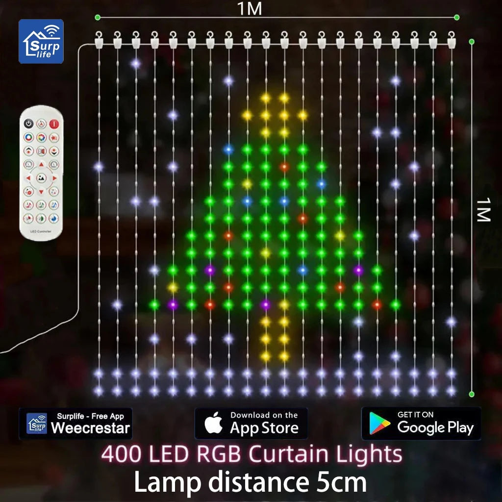 RGB Smart Curtain Lights with Bluetooth App LED String RGB Fairy Lights for for Window Bedroom Decoration Valentine Day/Birthday