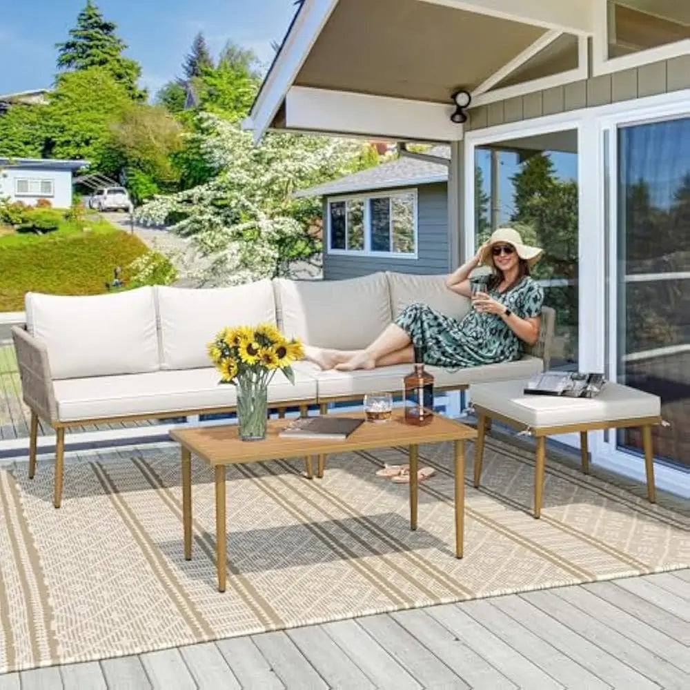 Outdoor Garden Furniture Set, 6 Pieces Rattan Woven Sectional Sofa Patio Loveseat with Ottoman and And Side Table Set for Porch