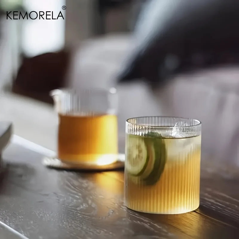 KEMORELA 4/6pcs Vintage Ribbed Cup Set 300ML Vertical Stripe Pattern High Borosilicate Glass Coffee Juice Cup For Dining Room