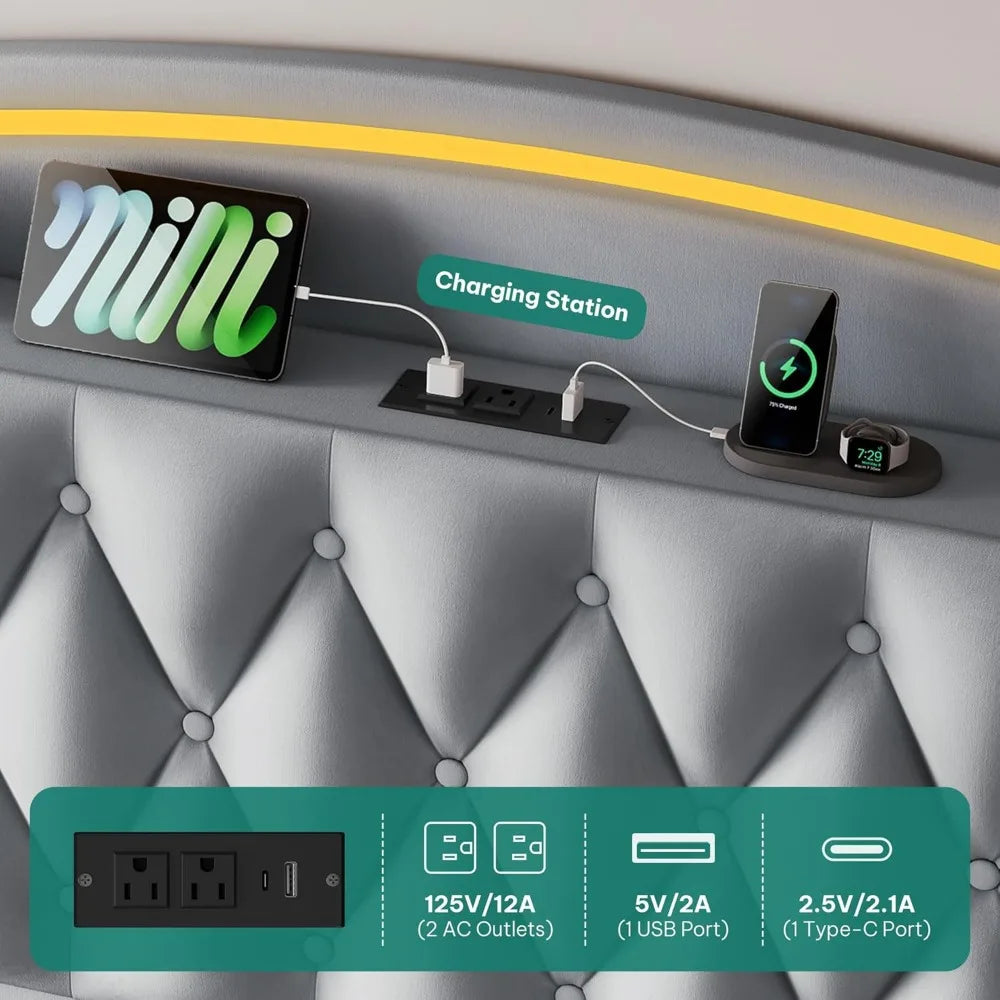 King Size Velvet Upholstered Bed Frame – 4 Storage Drawers with RGB LED Headboard & Charging Station