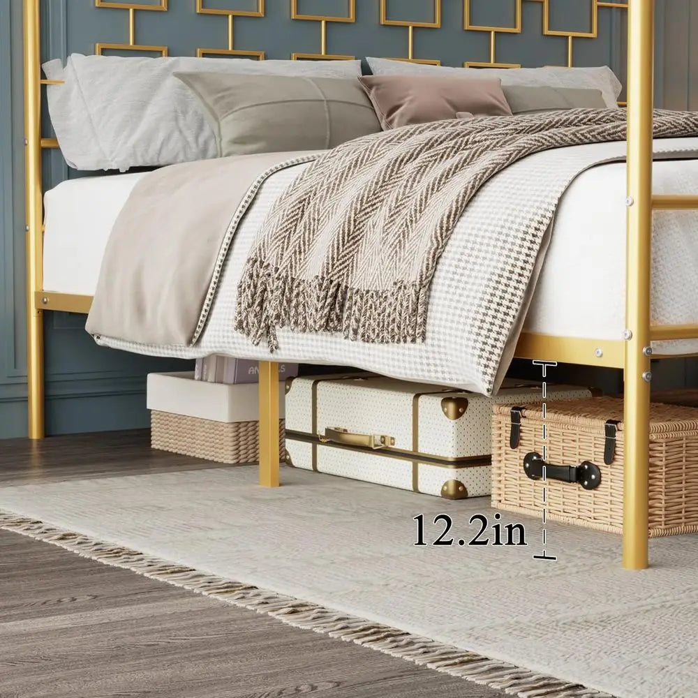 King Size Metal Four-Poster Canopy Bed Frame with Headboard & Footboard