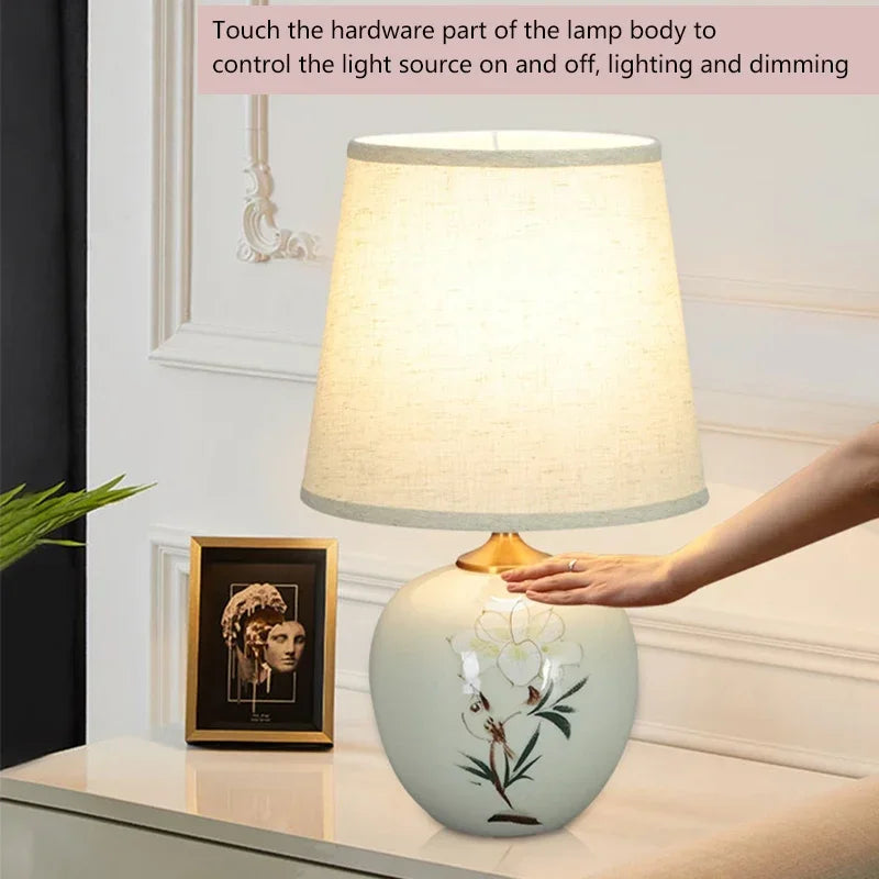 ELARA Ceramic Table Lamps Chinese for Bedside Modern White LED Dimming Desk Light For Home Living Bedroom Decor