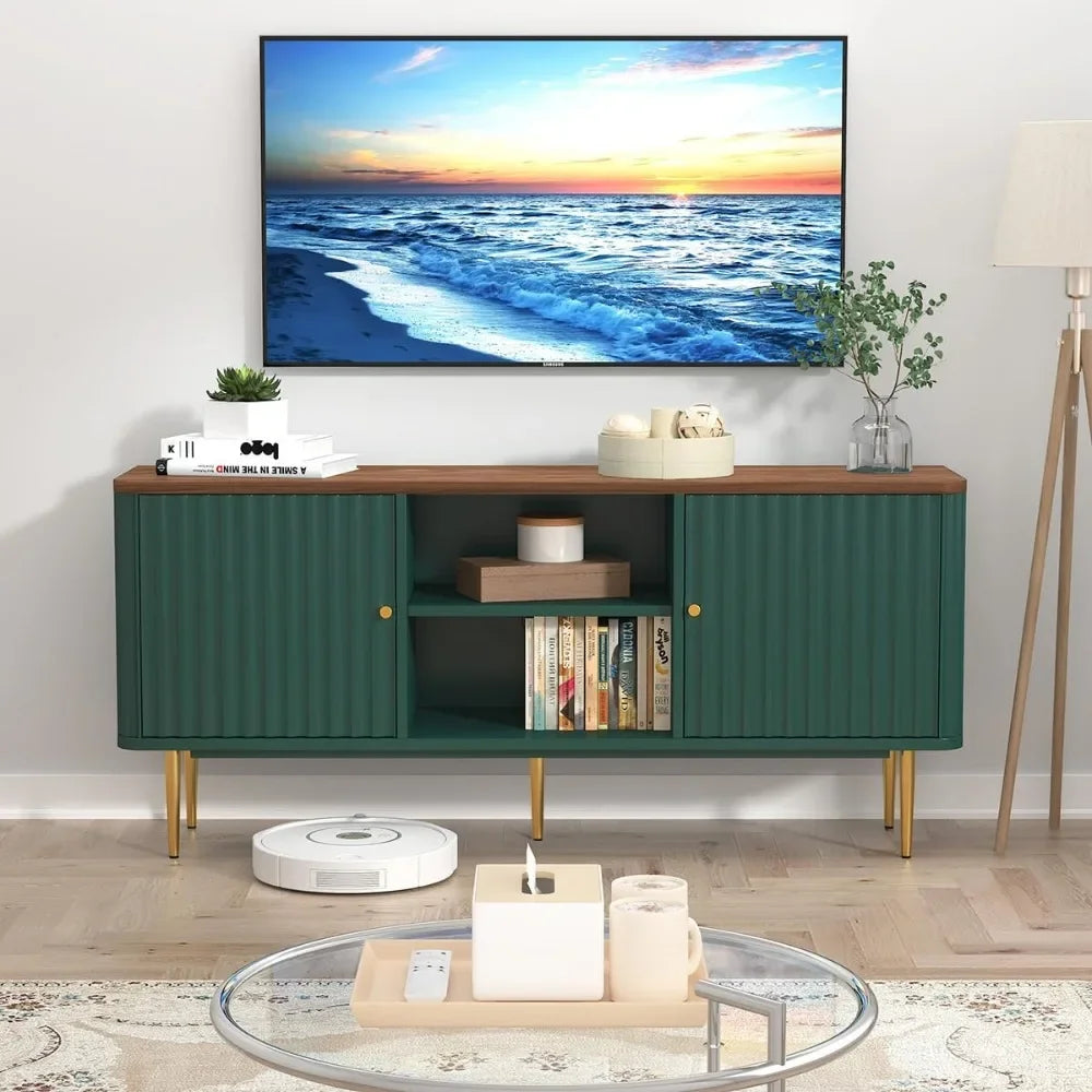 55” Fluted TV Stand, Mid Century Modern Green TV Stand for 55/60/65 inch TV, Entertainment Center with Storage,