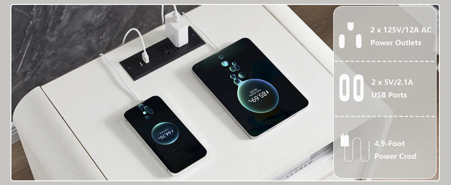 25" Tall Modern Nightstand with Charging Station, 23.6'' Wide Wood Bedside Table w/2 Storage Drawers,for Bedroom, Living Room