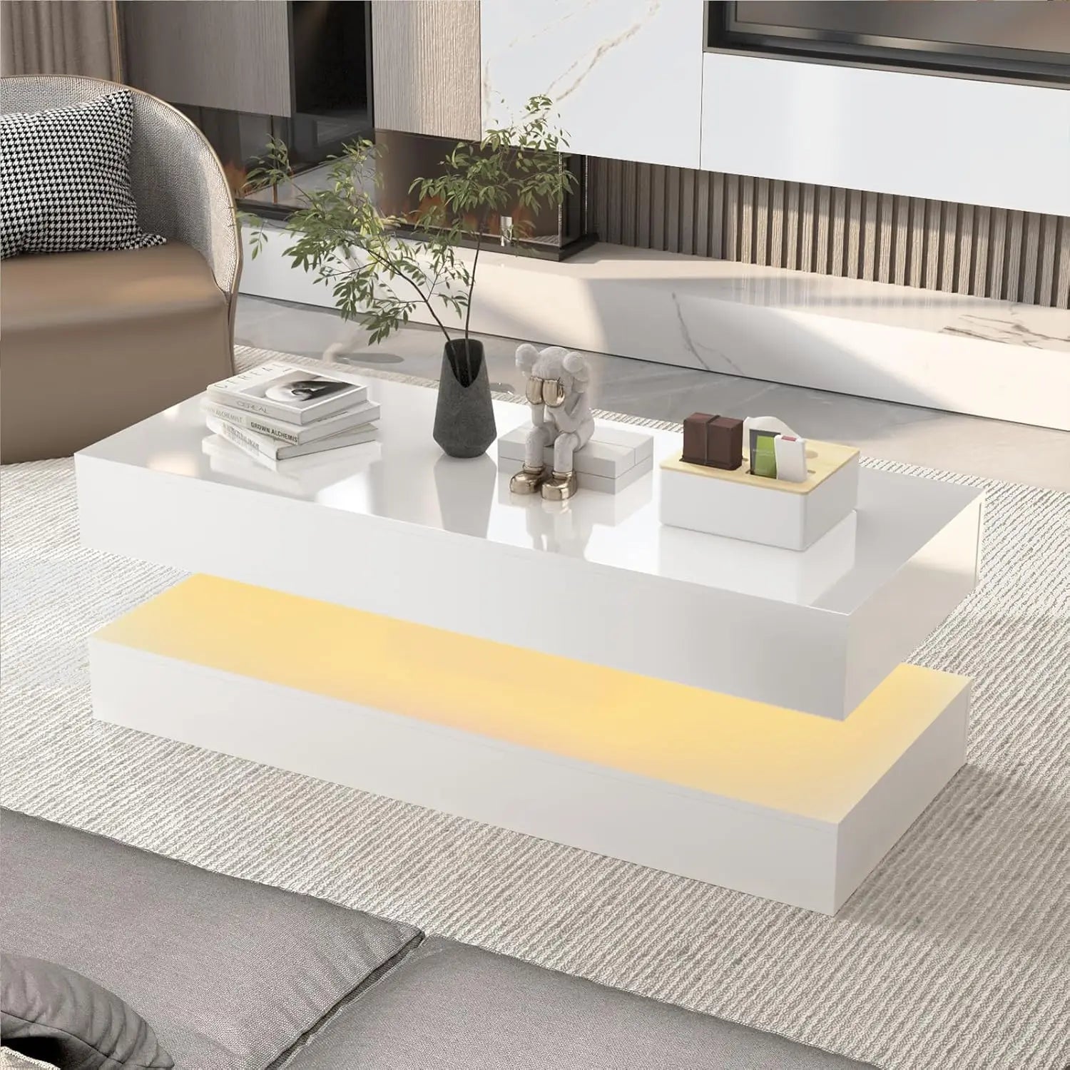 Modern LED Coffee Table with Double-Layer Design & Dual Storage Drawers