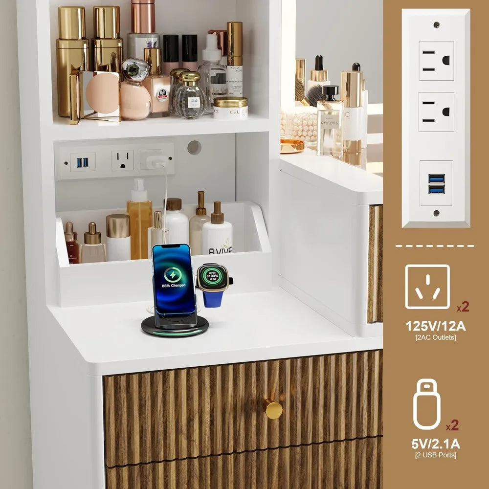 Fluted Vanity Desk with 32'' HD Mirror and Lights, 44''/w Modern Glass Top Makeup Vanity Table with Drawers & Charging Station,