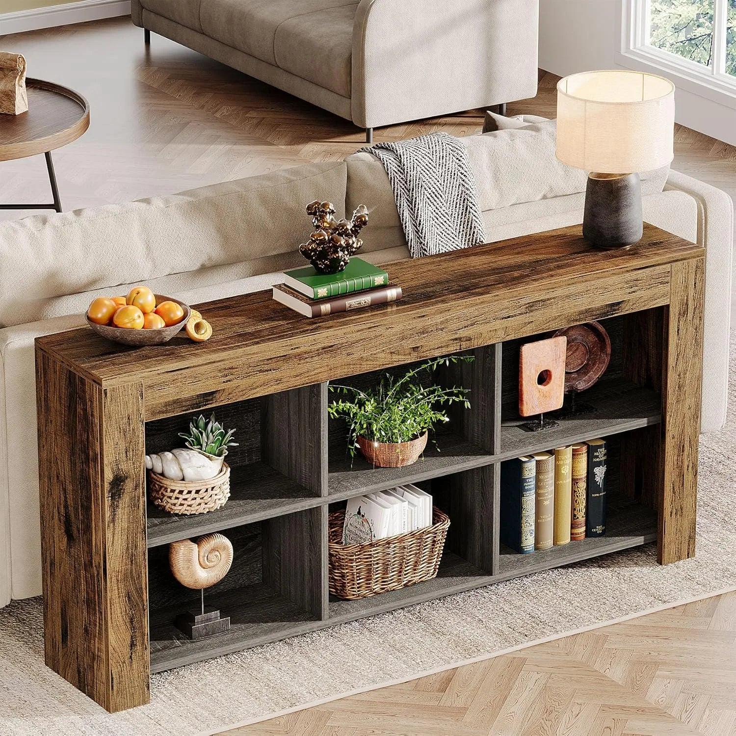 63-Inch Long Console Table,Entryway Table with 6 Storage Cubes,Sofa Table Behind Couch Table for Living Room
