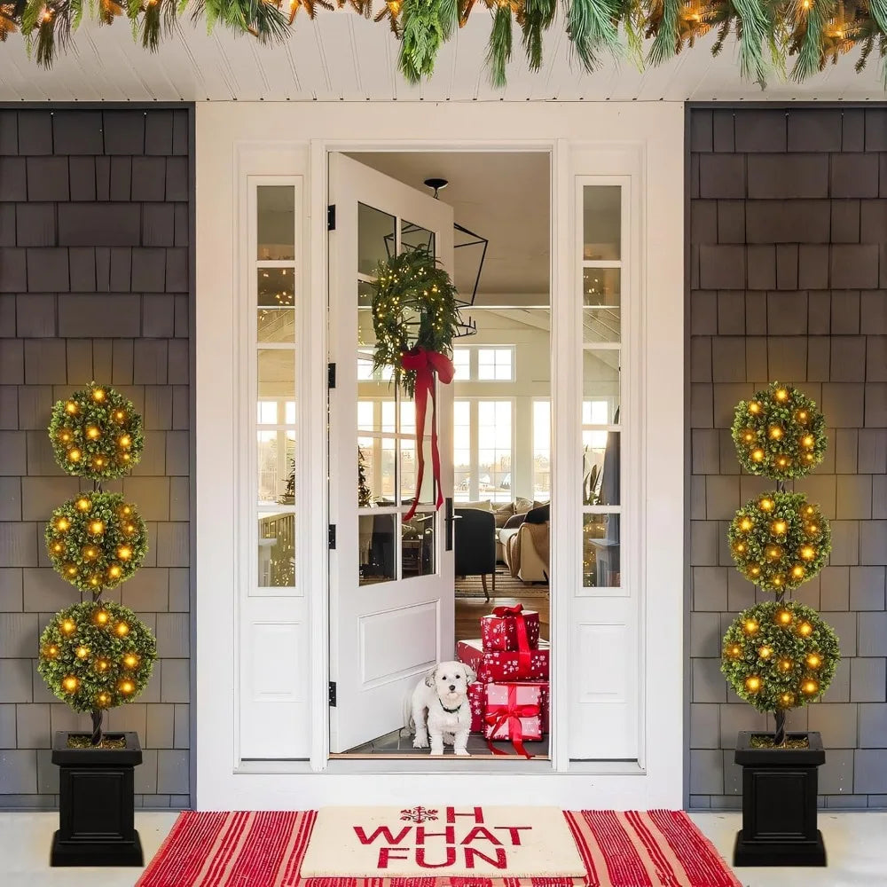 Artificial Outdoor Boxwood Topiary Trees Set of 2, Green All-Year Porch Trees, Durable Boxwood Plants for Year-Round Outdoor Use