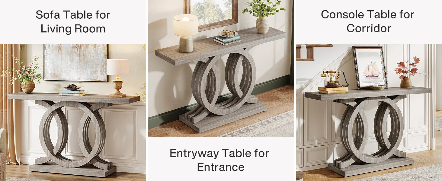 55-Inch Console Table with Geometric Wood Base,Modern Entryway Table with Thick Tabletop for Living Room, Hallway, Foyer (Gray)