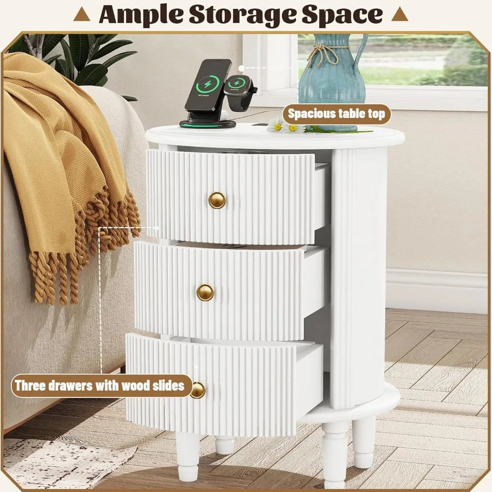 White 3-Drawer Wood Nightstand with Charging Station and Storage for Bedroom