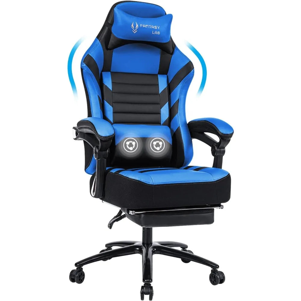 Big & Tall Gaming Chair with Footrest, 400lb Capacity, Massage Feature, Memory Foam, Adjustable Tilt, High Back Leather, Ergono