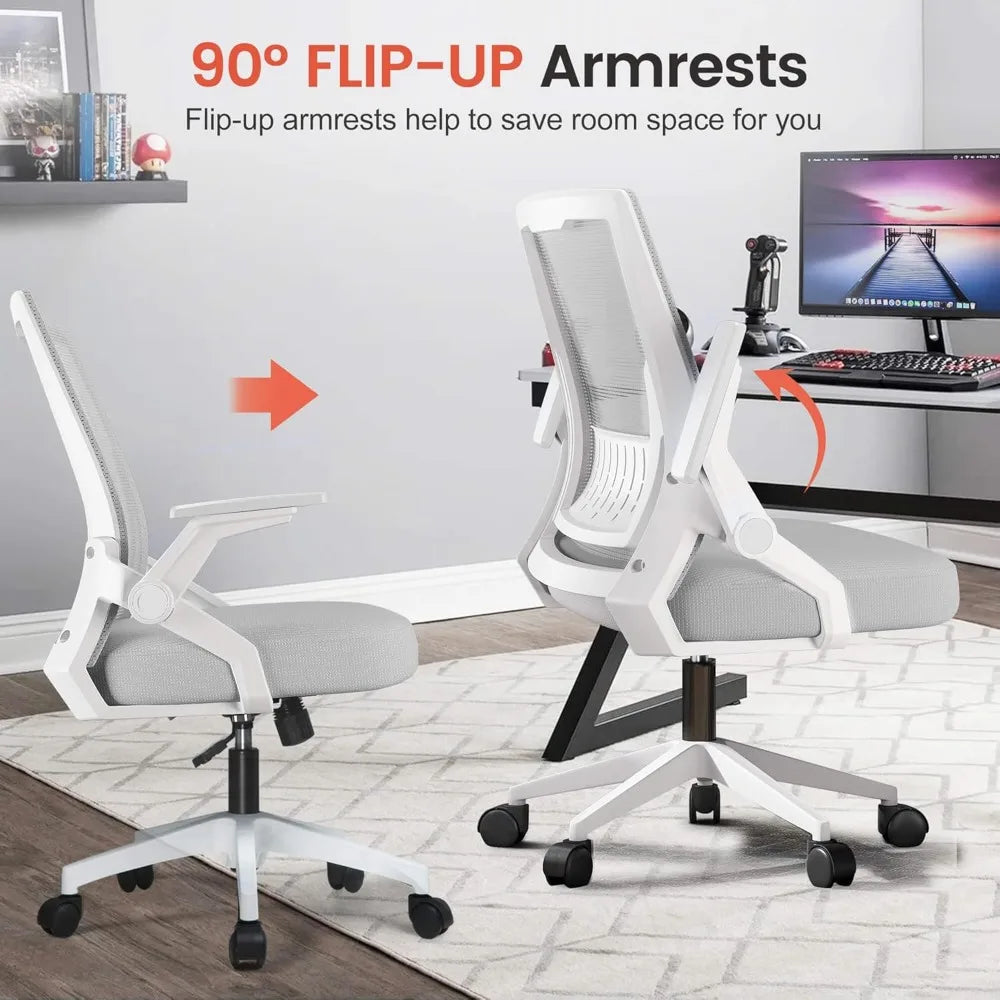 Ergonomic Office Chair with Flip-up Armrests, Breathable Mesh Back, Lumbar Support, Wide Gray Seat for Home and Gaming