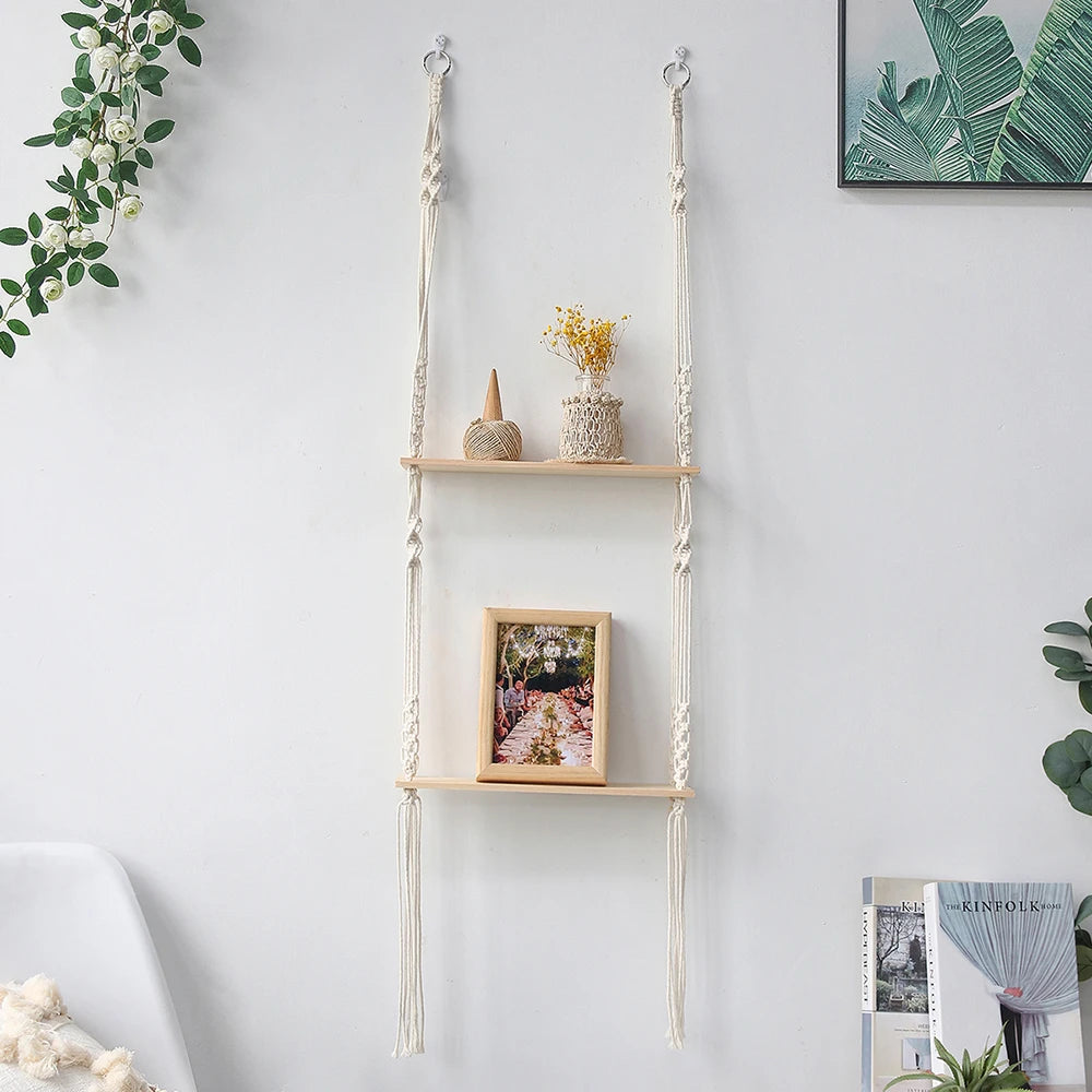 Wooden Wall Shelf Macrame Display Stand Boho Art Home Decoration Floating Shelf Nordic Wall Decor Living Room Nursery Aesthetics