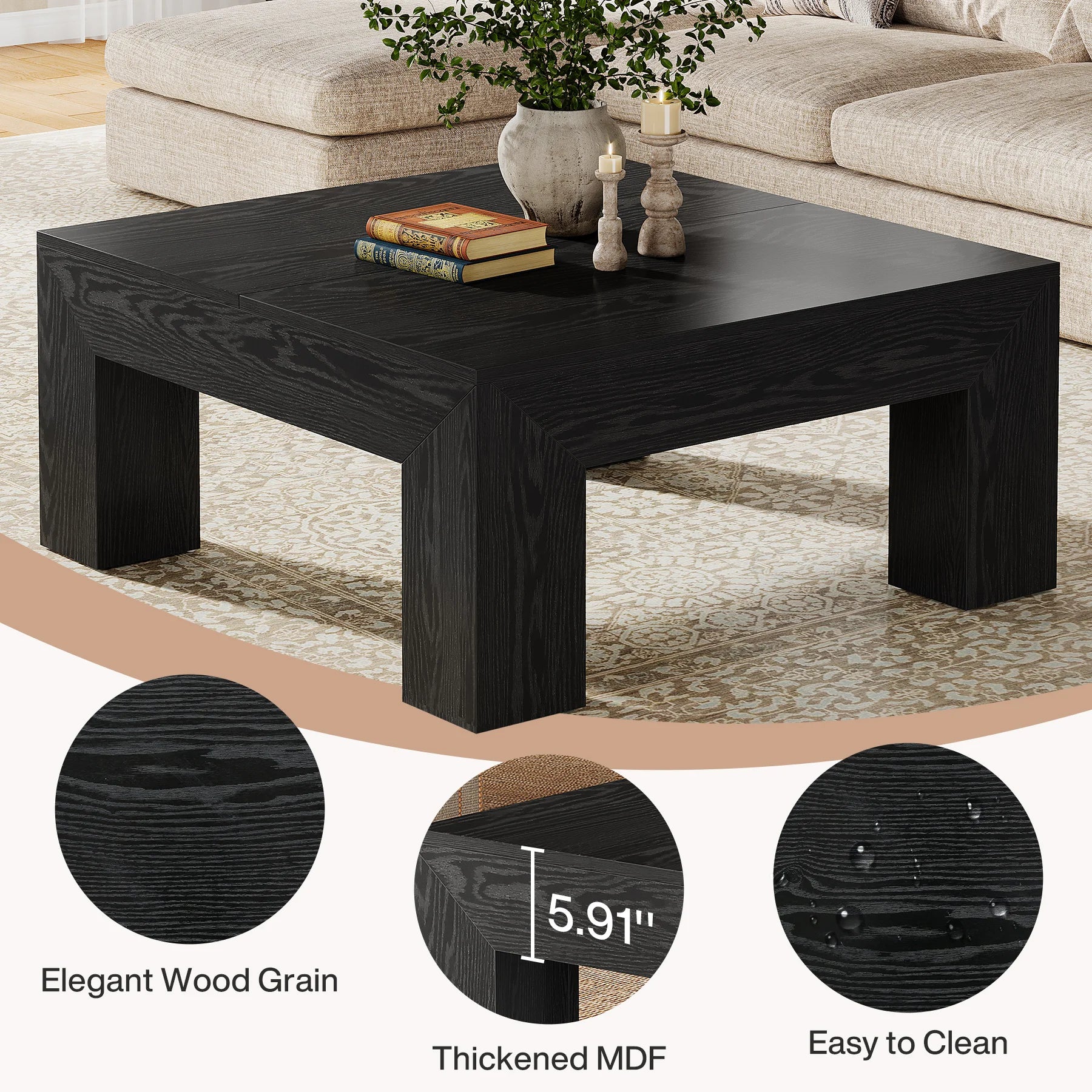 Tribesigns 39.4-Inch Square Farmhouse Coffee Table – MDF Accent Center Cocktail Table with Sturdy Wooden Legs