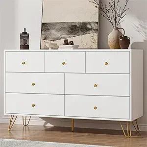 White Dresser for Bedroom, Modern 7 Drawer Dresser with Gold Handles and Metal Legs, White and Gold Dressers & Chest of Drawers