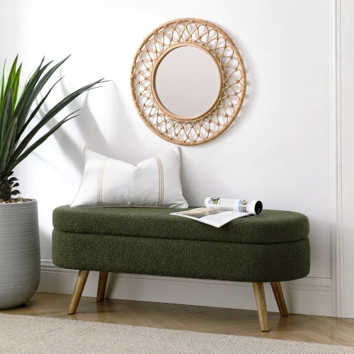 Bouclé Storage Ottoman Bench – 43.8″ Oval Flip-Top with Wood Legs