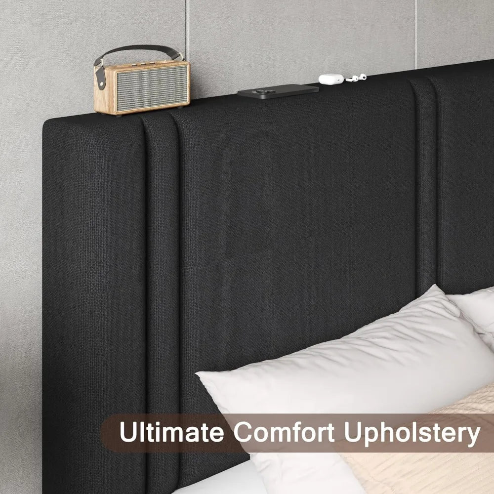 Upholstered Queen Size Bed Frame – Linen Fabric Headboard with Wooden Slat Support