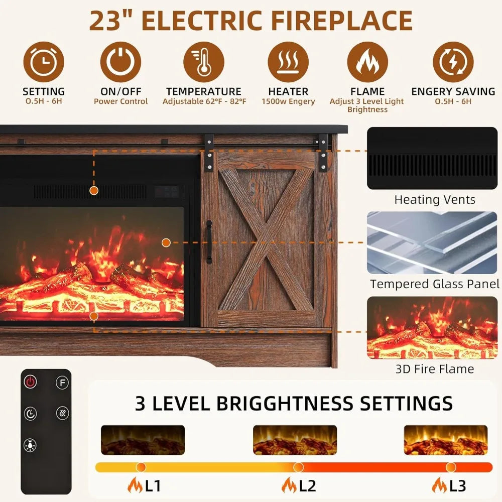 Fireplace TV Stand with Fireplace, Sliding Barn Door, Adjustable Storage Cabinets, Farmhouse Entertainment Center