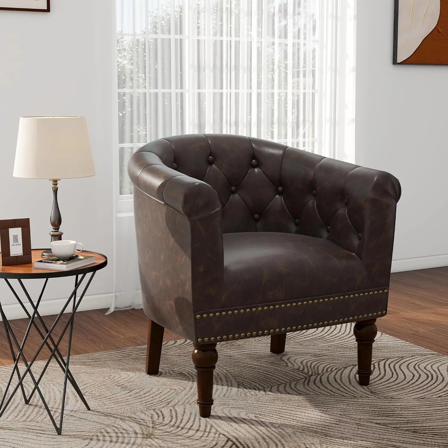 Pia Ricco Faux Leather Barrel Accent Chair – Modern Club Armchair with Wood Legs