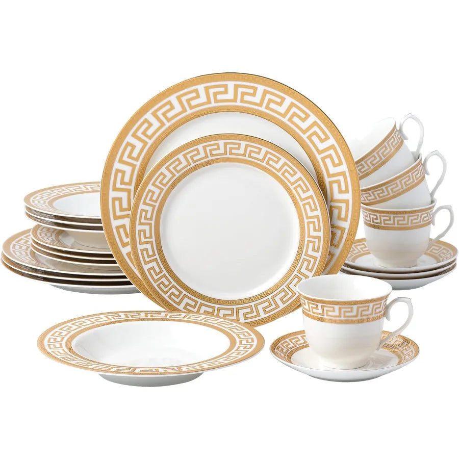 20Piece Bone China Dinnerware Set Service for 4 White and Golden Greek Key